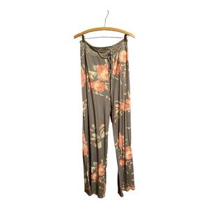 Floral Rose Pink and Gray Lounge Pajama Drawstring Pants Women’s Size Large